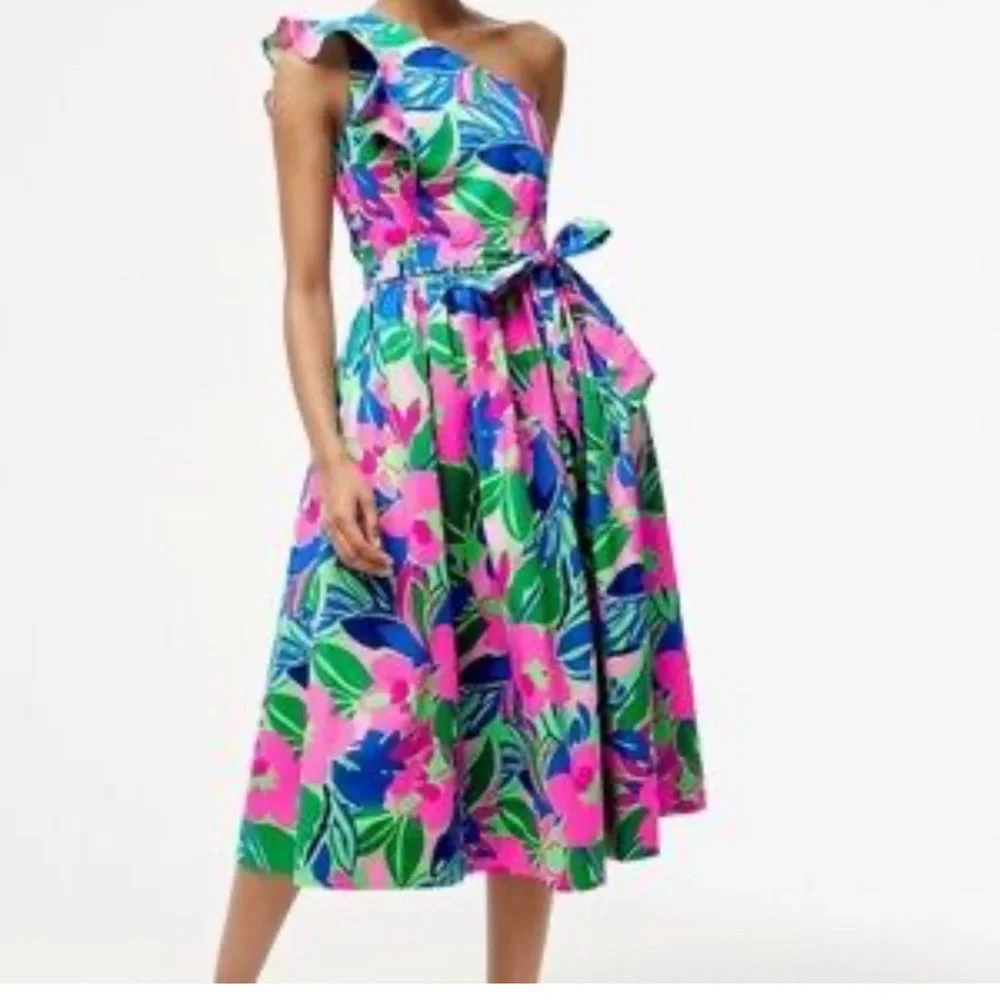 J. Crew One-Shoulder Floral Midi Dress in Pink, Green & Blue - Picture 1 of 4